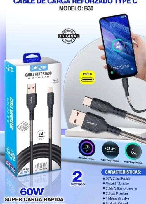 Cable de carga rápida tipo C 2 metros 60 W